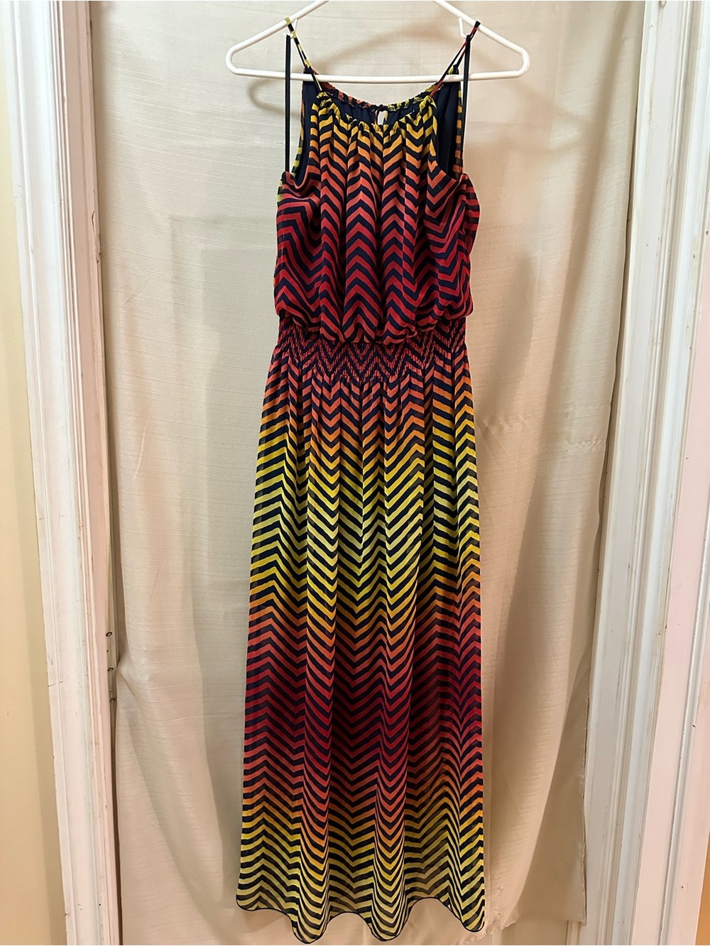 Sweet Storm Chevron Stripe Maxi Dress Large Smocked Waist Halter Lined